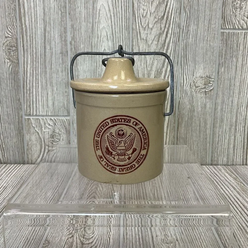 Vintage Crock With Wire Bale Lid Cannister Imprinted Great Seal of the USA